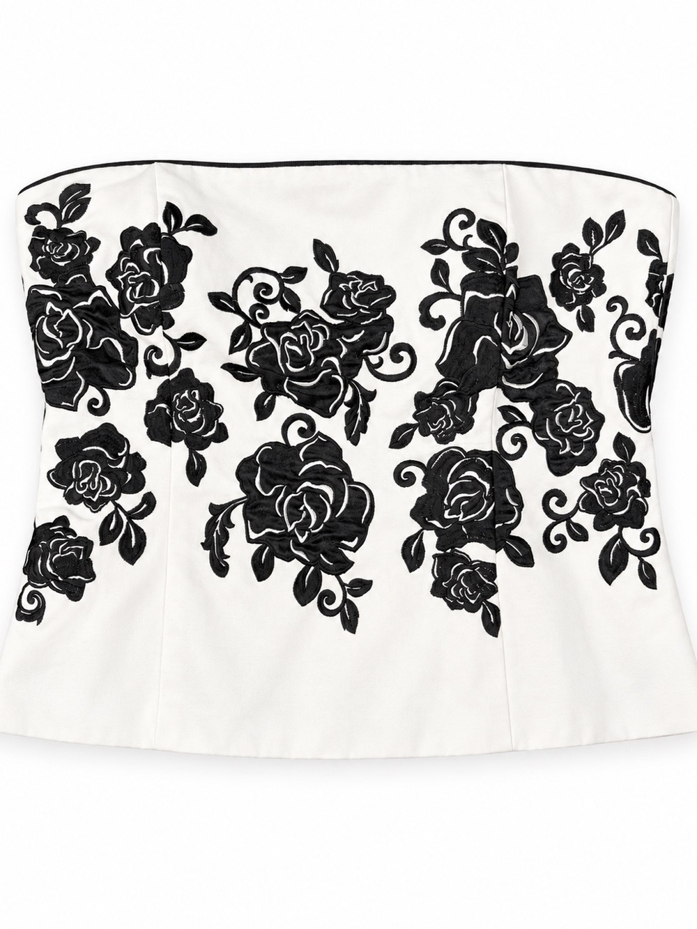 White House Black Market Strapless White Bustier with Black Floral Embroidery